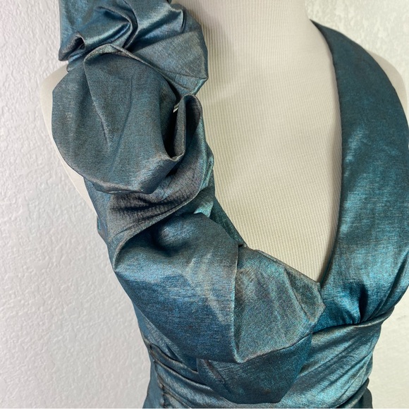 Vintage Cache Turquoise Blue Metallic Ruched Mini Dress - Picture 3 of 7